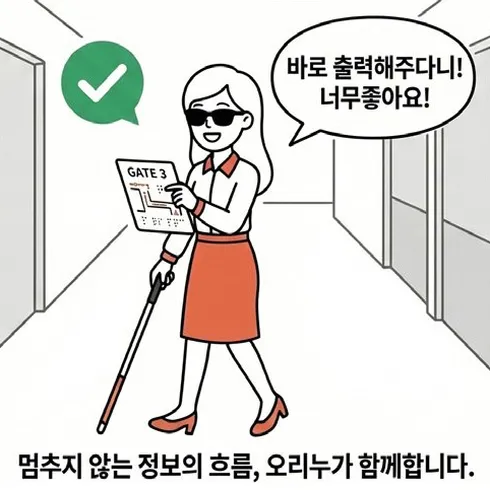 네컷만화 4번째 컷: 시각장애인이 점자 지도를 들고 '바로 출력해주다니! 너무 좋아요!'라며 이동한다. 하단에 '멈추지 않는 정보의 흐름, 오리누가 함께합니다'라는 문구가 있다.