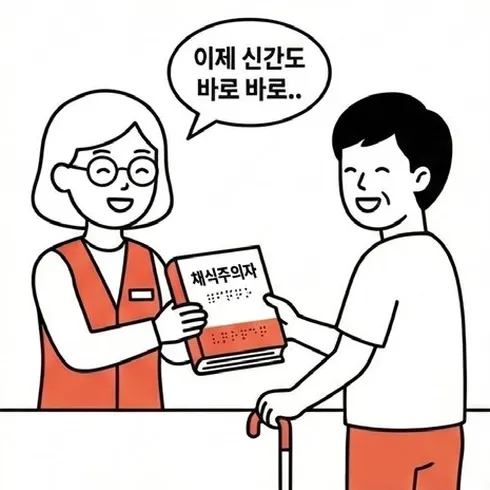 네컷만화 4번째 컷: 사서가 신간 점자책을 이용자에게 건네며 이제 신간도 바로바로 받을 수 있다고 말한다.