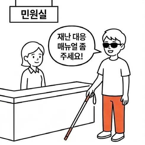 네컷만화 1번째 컷: 민원실에서 시각장애인이 재난 대응 매뉴얼을 점자로 달라고 요청한다.