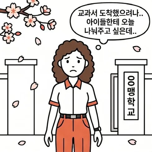 네컷만화 1번째 컷: 맹학교 교사가 교과서가 도착했는지 걱정하며 오늘 아이들에게 나눠주고 싶어 한다.