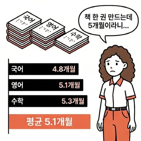 네컷만화 2번째 컷: 점자 교과서 한 권 제작에 국어 4.8개월·영어 5.1개월·수학 5.3개월, 평균 5.1개월이 걸린다는 사실에 교사가 한숨짓는다.