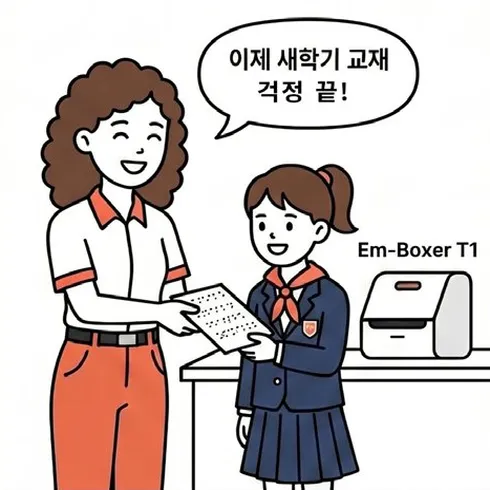 네컷만화 4번째 컷: 교사가 Em-boxer T1로 출력한 점자 교재를 학생에게 건네며 이제 새 학기 교재 걱정이 끝났다고 기뻐한다.