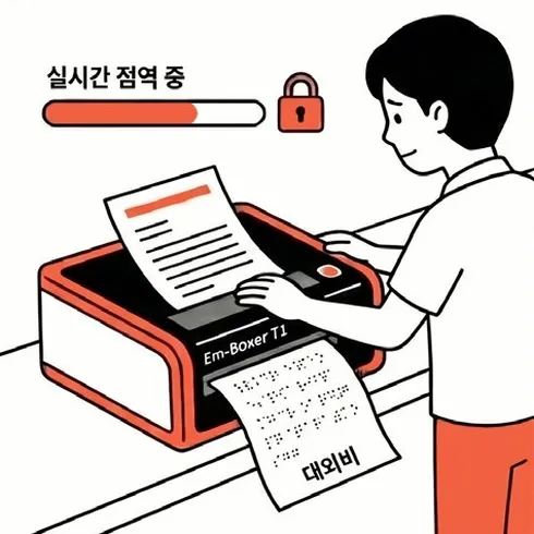 네컷만화 3번째 컷: Em-boxer T1이 실시간으로 대외비 문서를 안전하게 점자로 점역·출력한다.